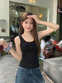 DAZY 女款韓式波點優雅無袖蝴蝶結襯衫夏季可愛上衣 - 黑色 - 查看 3