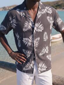 Palasendo Men's Front Button Short Sleeve All-Over Print Casual Top And Shorts Beach Set,Hawaiian - Black and White - View 1