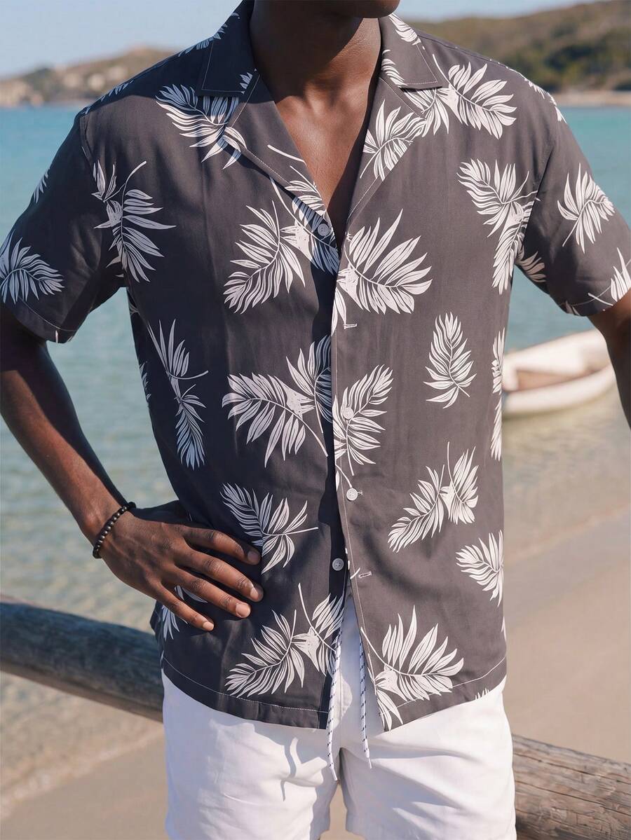 Palasendo Men's Front Button Short Sleeve All-Over Print Casual Top And Shorts Beach Set,Hawaiian - Black and White - View 1