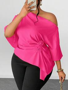 Maweii Spring/Summer/Autumn Oblique Shoulder Ruffle Sleeve Rose Waist Handkerchief Hem Solid Color Elegant Chic Commuting Design Sense High-End Vacation Daily Wear New Essential Plus Size Women Blouse - Hot Pink - View 3