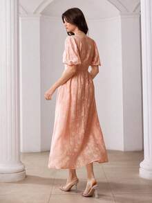 Modelyn V-Neck Puff Sleeve Jacquard Front Button Closure Pink Dress - Orange - View 4