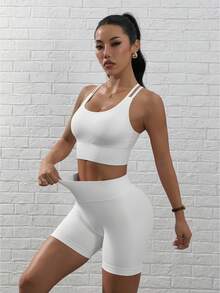 Gameset SHEIN Sport 2件装女士简约纯色交叉背带运动文胸 - 彩色 - 查看 4