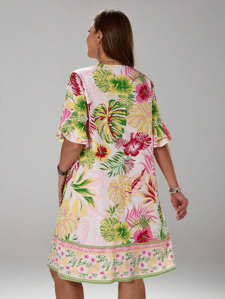 Plus Size Women's Floral Print Ruffle Sleeve Pullover Dress
