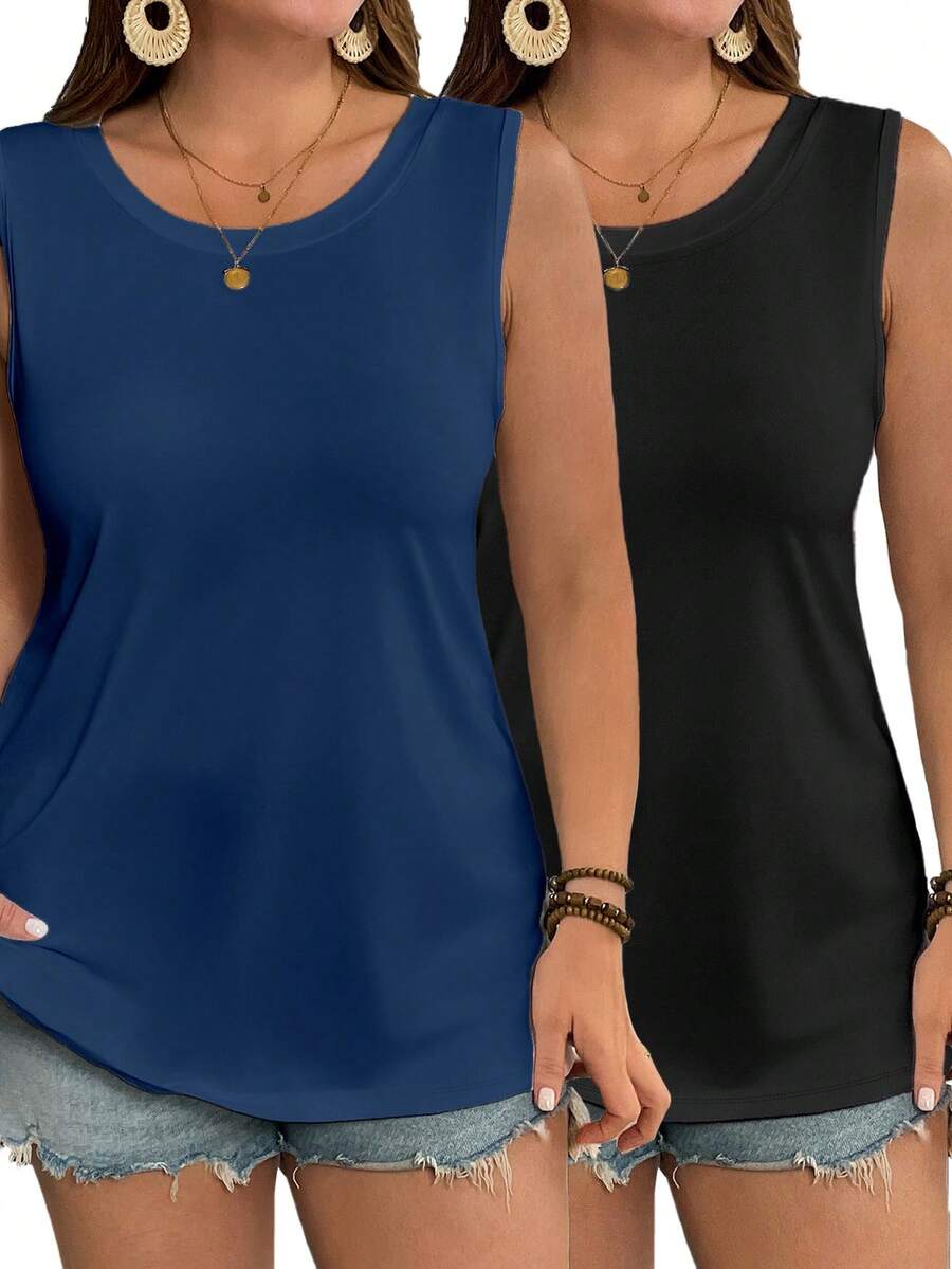 EMERY ROSE 2 piezas Conjunto de 3 piezas para mujer de talla grande con chaleco sin mangas de cuello redondo y unicolor - Multicolor - Ver 1