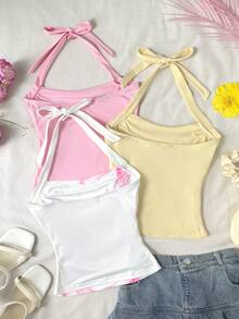SHEIN 少女三件套：优雅沙滩度假休闲针织印花吊带露背背心 - 彩色 - 查看 2