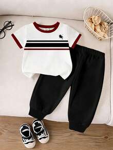 Souflis Souflis 1 Set Pakaian Bayi Laki-laki Kasual Minimalis Motif Kuda Poni Garis-garis Blok Warna Kerah Bulat Lengan Pendek dan Celana Panjang yang Serasi, Cocok untuk Musim Semi hingga Musim Panas - MultiWarna - View 6