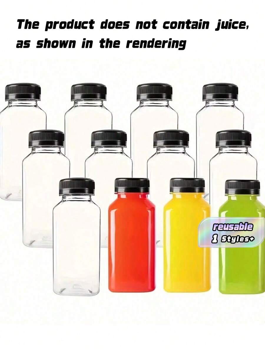 10-Pack Leak-Proof Transparent Plastic Juice Bottles, Suitable For Bulk Storage Of Homemade Beverages Such As Juice, Smoothies, And Milk. Reusable Transparent PET Containers With Black Flip-Top Lids, Ideal For Juice, Milkshakes, Tea, Milk, Smoothies, And Water. Square Design For Easy Refrigeration Storage. - Clear - View 1