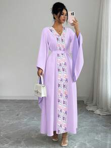 Elenzga Women's V-Neck Embroidered Waist Flared Sleeve Elegant Middle Eastern Style Dress - Mauve Purple - View 3