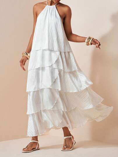 Zivah 2026 Casual Beach Vacation Elegant Modern Commute Bohemian Resort Sheer Chiffon Multilayer Ruffle Dress, Ruffle Strap Dress, Chiffon Dress, Apricot Dress, Bohemian Dress, Resort Elegant Dress, Modern High Street Dress