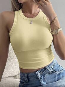 Camiseta de tirantes acanalada de cuello redondo ajustada de color amarillo crema para verano - Amarillo - Ver 2
