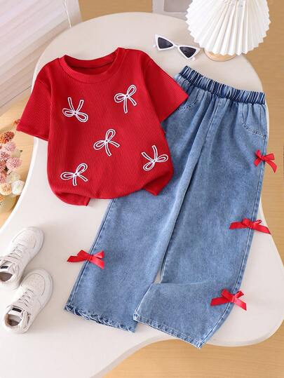 Genkimix Kids Conjunto de 2 piezas para niñas preadolescentes con camiseta de manga corta acanalada roja, pantalones azules y corbata de moño, conjunto de camiseta casual de moda con decoración de moño