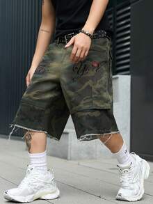 Manfinity EMRG Quần short denim nam dáng cargo nhiều túi, thêu họa tiết rằn ri, phong cách đường phố. - xanh quân đội - Xem 7