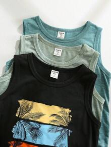 SHEIN 3件装男童简约时尚酷炫度假日落撞色棕榈树阴影印花无袖背心，适合夏季、海滩、度假、户外活动 - 彩色 - 查看 3