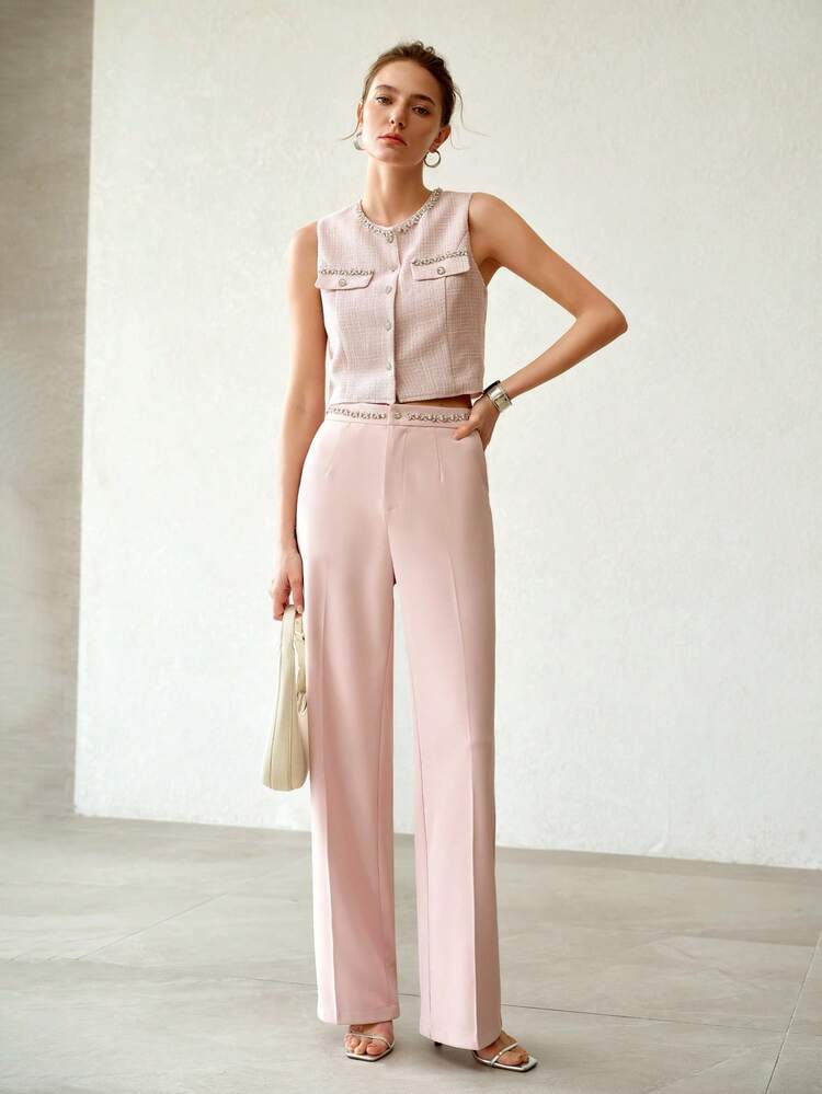 WOMEN'S NEW ARRIVAL RHINESTONE CHAIN DESIGN SLEEVELESS VEST TOP, PINK