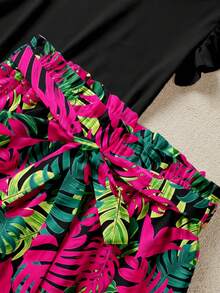 EMERY ROSE Solid Color Top & Tropical Print Shorts 2 Pieces Set, Suitable For Vacation, Plus Size - Multicolor - View 3
