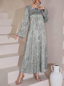 SHEIN Najma Đầm dài tay xòe màu đỏ tía sang trọng, cổ tàu, đính cườm, chất liệu jacquard, thích hợp cho mùa xuân/hè. - Màu xanh lam - Xem 8