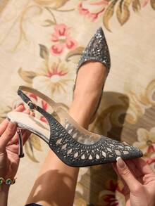 CUCCOO TILAWA Women's Pointed Toe High Heel Shoes, Fully Decorated With Rhinestones, Adjustable Strap Design, Suitable For All Seasons - Elegant Bohemian Middle Eastern Style Street Outfit, Suitable For Valentine's Day, Office And Casual Occasions - Grey - View 6
