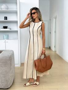 SHEIN PETITE CURVE 大码女式休闲无袖圆领撞色连衣裙，适合夏季日常穿着，米色撞色无袖收腰优雅长款连衣裙，适合夏季休闲外出穿着。 - 杏色 - 查看 5