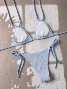 Swim Vcay Conjunto de bikini con copa triangular de unicolor, traje de baño con cuello halter de anudado que favorece la figura para la playa y vacaciones - Celeste - Ver 2