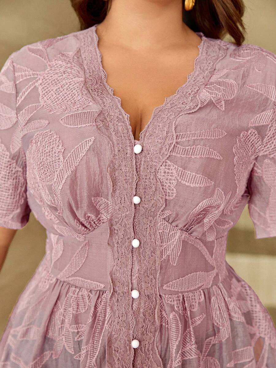 Roveilla Plus Size Women's Summer Elegant V-Neck Lace Patchwork Short Sleeve Blouse,Maroon Embroidered Textured Button Top,Tea Party Fitted Solid Color Shirt - Dusty Pink - View 1