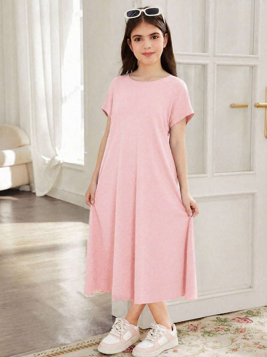 SHEIN 少女宽松休闲落肩短袖纹理面料长裙 - 粉色 - 查看 1