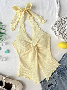 SHEIN Áo tank top kiểu racerback ôm dáng, thoải mái, thường ngày cho bé gái tuổi teen. - Màu vàng - Xem 1