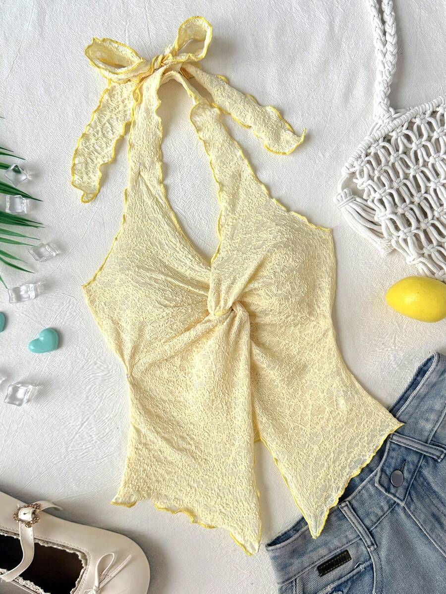 SHEIN Áo tank top kiểu racerback ôm dáng, thoải mái, thường ngày cho bé gái tuổi teen. - Màu vàng - Xem 1