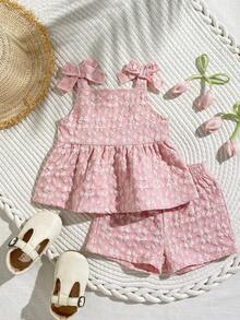 SHEIN Playful Pals 2件套女婴幼儿/新生儿0-3岁休闲日常可爱度假条纹蝴蝶结装饰吊带背心+短裤套装，春夏款 - 粉色 - 查看 3
