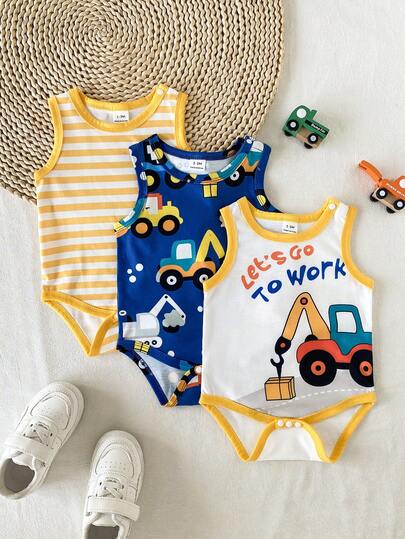 SHEIN Playful Pals Bộ 3 món áo liền quần thể thao in hình bóng chày cho bé trai, thích hợp mặc mùa hè.