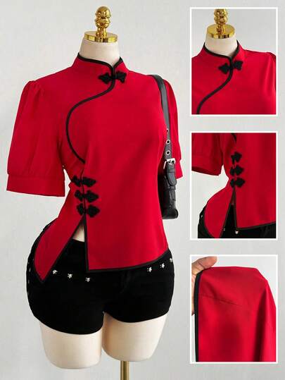 Sunspun Plus Size Chinese Style Casual Blouse, Side Slit Puff Sleeve Mandarin Collar Chinese Knot Button Top, Suitable For New Year Party, Spring Festival And Other Occasions, Elegant Women Shirt, Casual Women Top, Beach, Summer Holiday, Spring, Women Spring, Women Valentine's Day, Carnival, Women Beach, Summer Holiday, Vacation, Women Vacation, Red Top, Red Women Shirt, Wedding Elegant Party, Valentine's Day, Red Contrast Color Top, Red Summer Top, Bow Top, Cute Red Top, Birthday Party
