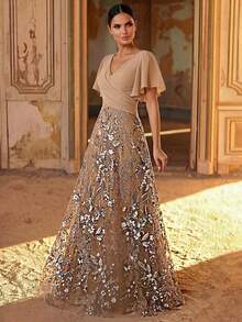 Aureia Elegant Luxurious Beige Spring Wedding Dress,Gold & Silver Embroidered Ruffle Sleeve,Bridal Mother Of The Bride Formal Occasions Party Holiday Dress - Multicolor - View 8