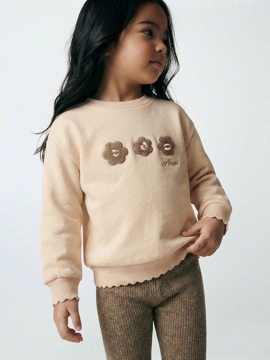 Maija Kids Young Girl Knitted Solid Color Floral Embroidered Crew Neck Sweatshirt And Elastic Leggings Casual Outfit - Coffee Brown - View 1