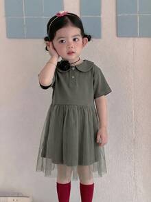 Dazy Kids Vestido casual de cuello redondo de malla y parches para niñas bebé de longitud media - Gris - Ver 5