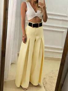 Pariaura Pantalones anchos plisados de estilo elegante y casual, adecuados para el uso diario - Amarillo - Ver 3