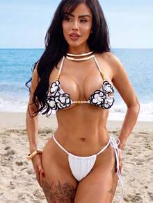 Swim SXY Women's New Spaghetti Strap Floral Beaded Decor Halter Bikini Top And Bottoms Sexy Bikini Set Set - White - View 3