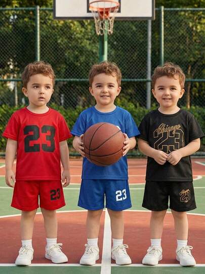 SHEIN Bộ 6 món đồ thể thao thường ngày đa năng cho bé trai, gồm áo thun ngắn tay cổ tròn in số và quần short, 3 kiểu mỗi kiểu một bộ, thích hợp cho trường học, sân vườn, bãi biển, sinh nhật, mùa xuân, hè, thu, đông.