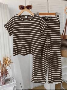 SHEIN Tween Girls' Casual Loose Comfortable Round Neck Striped Short Sleeve T-Shirt And Pants Set - Brown - View 5