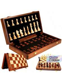 Large Wooden Folding Chess Set Magnetic Pieces Storage Drawer Bonus Queens Portable Strategy Game Travel Friendly Gift For Players - Multicolor - View 1
