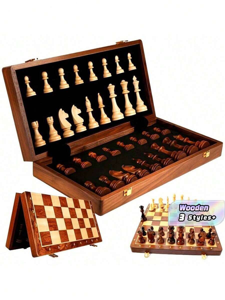 Large Wooden Folding Chess Set Magnetic Pieces Storage Drawer Bonus Queens Portable Strategy Game Travel Friendly Gift For Players - Multicolor - View 1