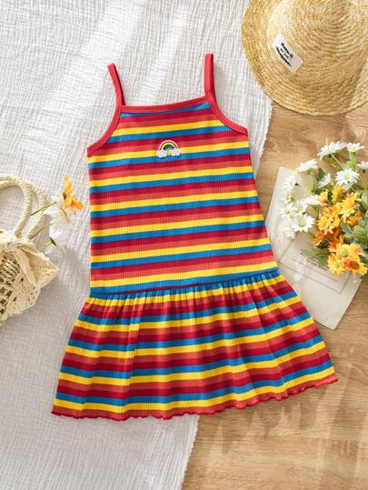 SHEIN Colorful Striped Print Sleeveless Dress For Young Girl