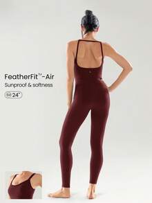 GLOWMODE 24" FeatherFit™-Air Feel Good Moves Buttery-Soft Stretchy Sweat-Wicking Removable Cups Side Pockets Open-Back Bodysuit Low Impact Yoga Pilates Gym Studio Daily Casual Wear - Burgundy - View 1