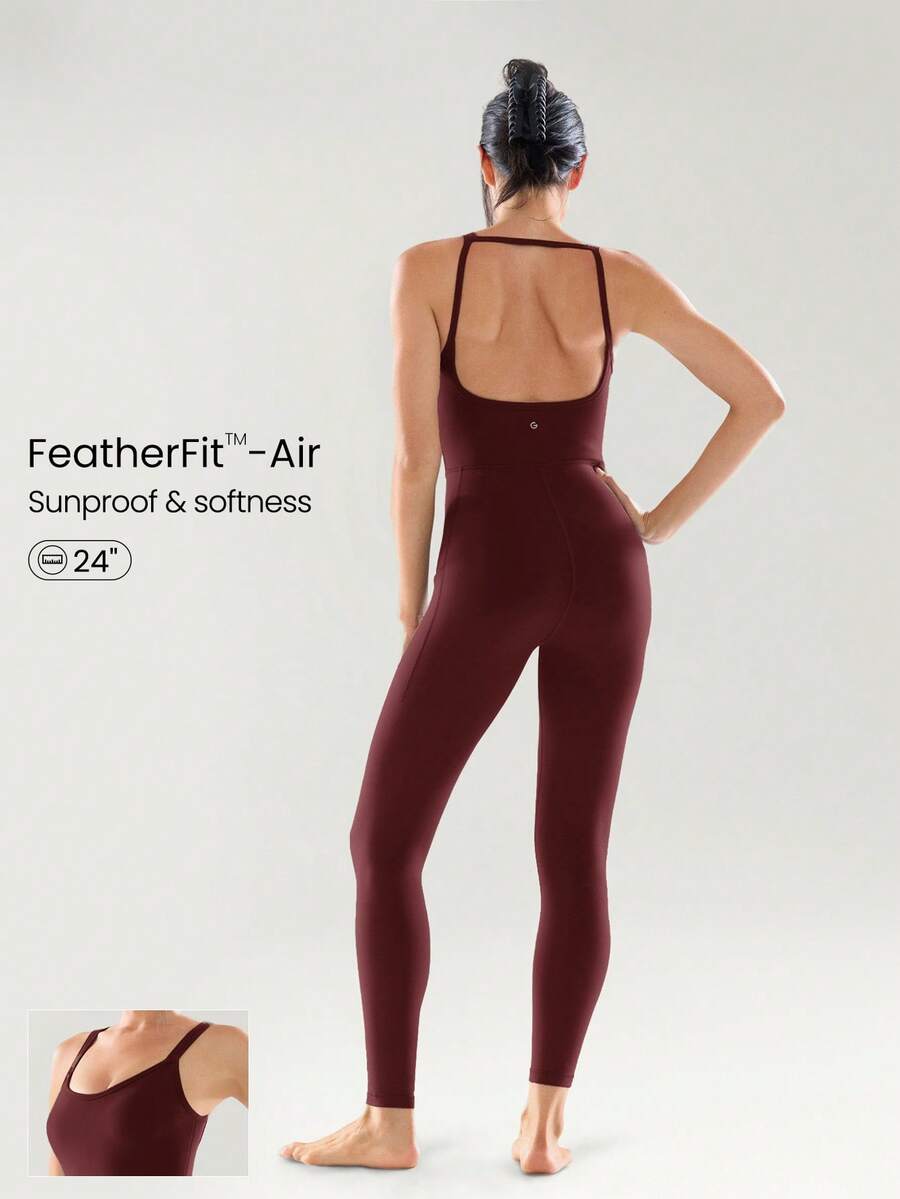 GLOWMODE 24" FeatherFit™-Air Feel Good Moves Buttery-Soft Stretchy Sweat-Wicking Removable Cups Side Pockets Open-Back Bodysuit Low Impact Yoga Pilates Gym Studio Daily Casual Wear - Burgundy - View 1