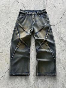 EVRINFINITE 1 chiếc quần jeans nam ống rộng kiểu vintage rách rưới, phối nhiều mảnh vải (Sản phẩm không bao gồm thắt lưng và phụ kiện) - Màu xanh lam - Xem 1