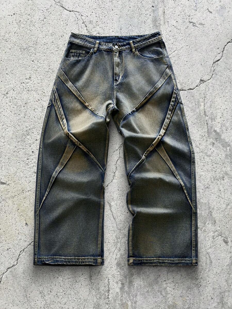 EVRINFINITE 1 chiếc quần jeans nam ống rộng kiểu vintage rách rưới, phối nhiều mảnh vải (Sản phẩm không bao gồm thắt lưng và phụ kiện) - Màu xanh lam - Xem 1