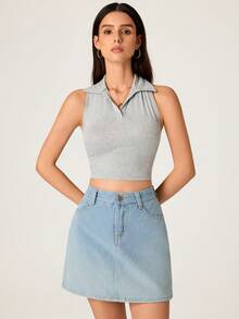 SHEIN BASICS Top halter corto sin espalda de color liso básico casual para mujer, verano - Gris - Ver 7