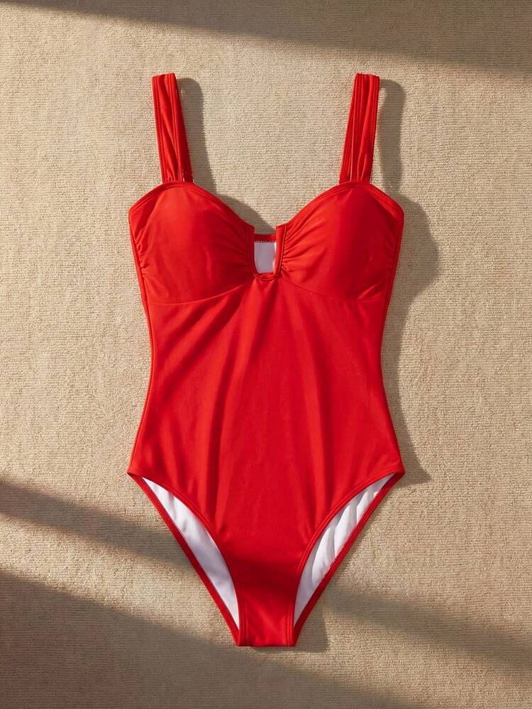 Women's Solid Color Ruched Spaghetti Strap One-Piece Swimsuit, Summer Beach
