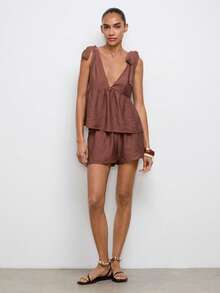 Maija Women's Holiday Casual Shades Of Brown Tie Strap Sleeveless Top And Shorts 2-Piece Set Summer Outfits Occasion Vacation - Brown - View 5