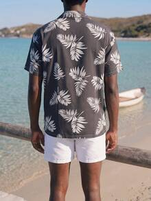 Palasendo Men's Front Button Short Sleeve All-Over Print Casual Top And Shorts Beach Set,Hawaiian - Black and White - View 2