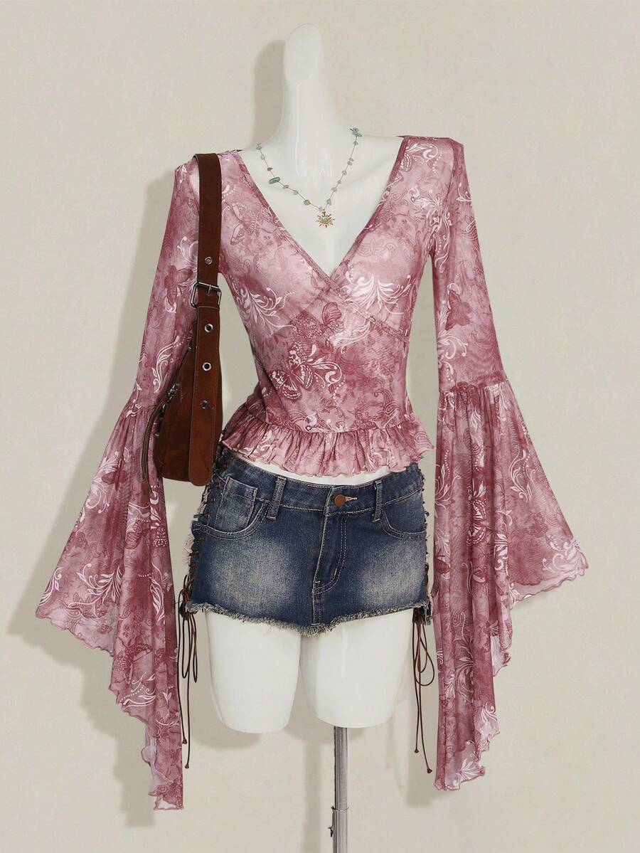 SHEIN ICON 复古印花透视V领喇叭袖女式衬衫 - 粉色 - 查看 1
