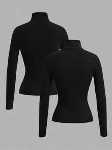 SHEIN Tall Bộ 2 áo cổ cao màu trắng trơn, ôm dáng, thích hợp cho mùa thu và mùa đông. - màu đen - Xem 2
